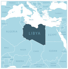 Fototapeta premium Libya - blue map with neighboring countries and names.