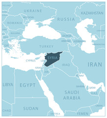 Syria - blue map with neighboring countries and names.