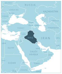 Iraq - blue map with neighboring countries and names.
