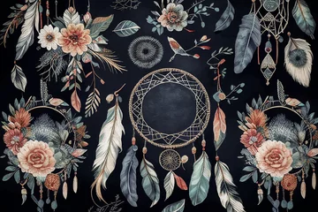 Garden poster Boho Style seamless watercolor ethnic boho floral pattern dreamcatcher background Generative AI