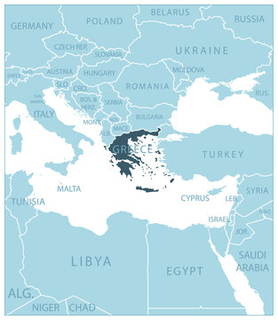Greece - blue map with neighboring countries and names.