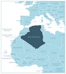 Obraz premium Algeria - blue map with neighboring countries and names.
