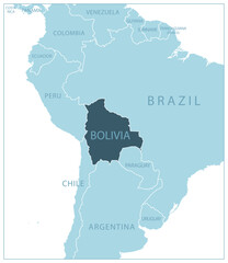 Bolivia - blue map with neighboring countries and names.