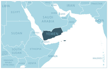 Yemen - blue map with neighboring countries and names.