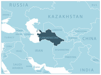 Turkmenistan - blue map with neighboring countries and names.