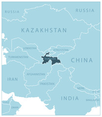 Tajikistan - blue map with neighboring countries and names.