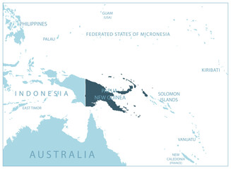 Papua New Guinea - blue map with neighboring countries and names.