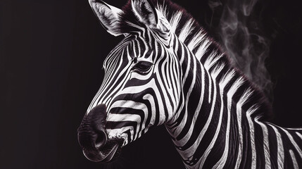 Fototapeta na wymiar zebra portrait on dark background, generative AI