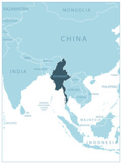 Myanmar - blue map with neighboring countries and names.