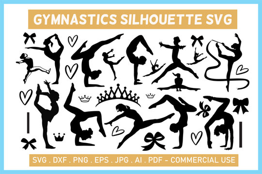 Split jump girl black figures gymnast in competition gymnastics black silhouette. Rhythmic gymnastics pictogram. vector gymnastics girl sport body. silhouettes of gymnastic poses black silhouette. 