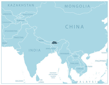Bhutan - blue map with neighboring countries and names.