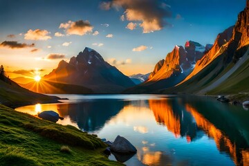 Vibrant sunset illuminates mountain peaks reflecting perfectly in the calm alpine lake water.
