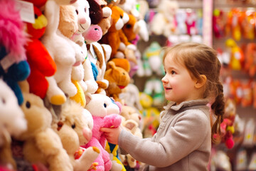 Young girl buying toys in a toy store. Generative aI - obrazy, fototapety, plakaty