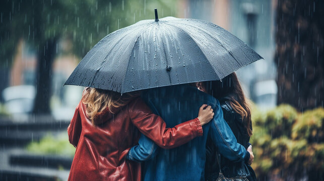 Friends huddled together under umbrellas in the rain, finding comfort and support in each other's presence Generative AI