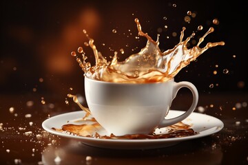 Cup of coffee with splashes on black background, closeup. Breakfast concept. Generative AI
