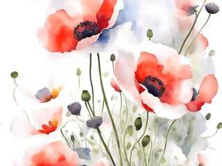Abstract flowers background, red poppies flowers pattern on white wallpaper.