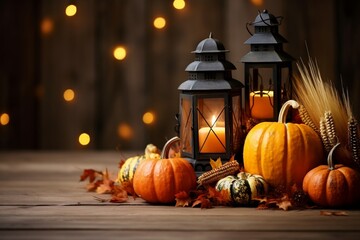 halloween leaves, decorations and pumpkins on table against blurred bokeh background.