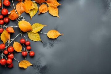 Autumn composition with berries and leaves on black background. Flat lay, top view, copy space. Generative A