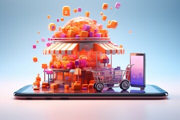 Smartphone with shopping cart and store on screen. 3D rendering. Generative AI