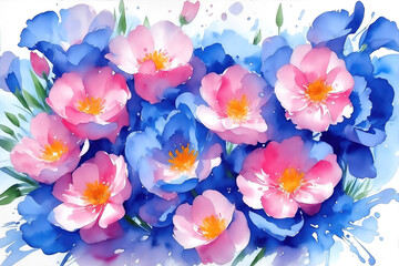 Watercolor flowers background isolated on white, abstract flowers made from watercolor paint splashes, wet on wet and splattering illustration
