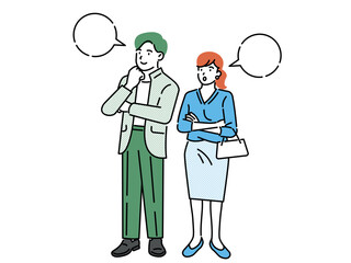 Full body illustration of a couple standing while thinking