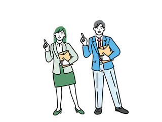 Illustration of a business couple standing head-on with their fingers pointing.