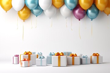 3d rendering. white gift boxes and colourful balloons, composition on white background with copy space. design for birthday background. Generative AI