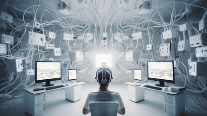 A person plugged into a virtual reality helmet, a bunch of monitors, lights, a sterile white room	
