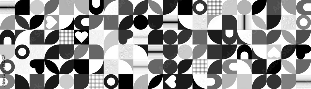 Aufkleber Geometric seamless pattern in bauhaus style. Black and white abstract shapes background in swiss style on transparent background.
