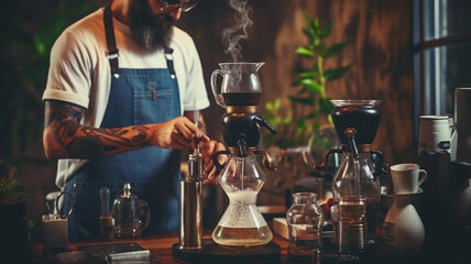 Fototapeta na wymiar Professional hipster barista making drip brewing, filtered coffee or pour over coffee with hot water and filter paper in coffee shop cafe, black vintage tone of fresh caffeine aroma beverage