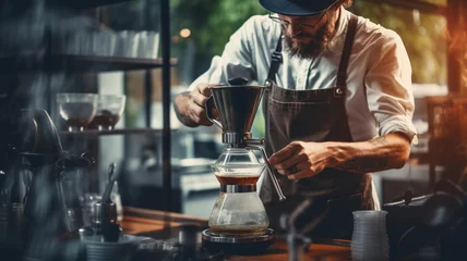 Foto auf Acrylglas Professional hipster barista making drip brewing, filtered coffee or pour over coffee with hot water and filter paper in coffee shop cafe, black vintage tone of fresh caffeine aroma beverage © Abzal