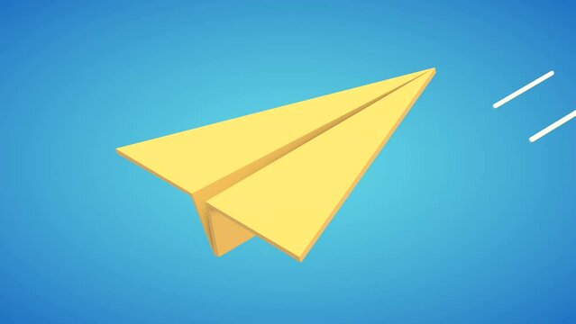 Animation 3d realistic paper plane blue sky isolated on background. Realistic fly paper airplane