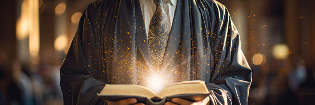 An university student with a book poster with copy space - Fictional Person, Generative AI