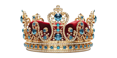 A crown with sapphire and red velvet isolated on transparent background - Generative AI