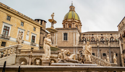 Detail of the Pretoria fountain in Palermo. May 30, 2023, Palermo, Sicily, Italy