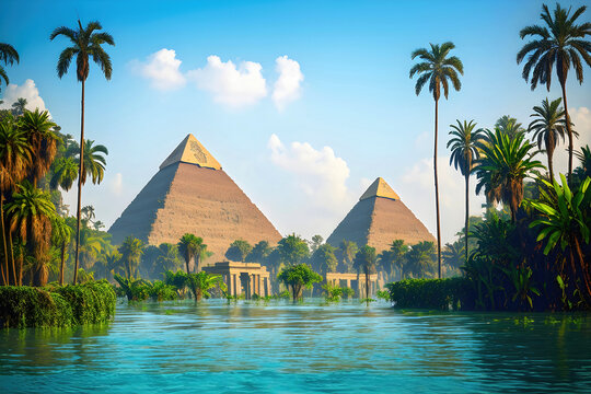 Pyramids in ancient Egypt during the flooding of the Nile.