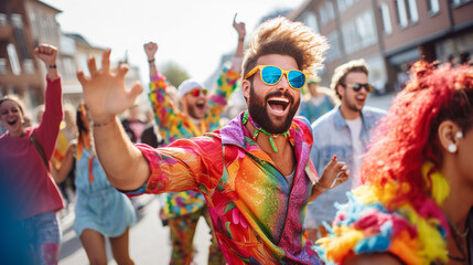 Naklejka premium Friends dancing and celebrating in a festive parade, with colorful costumes and infectious energy Generative AI