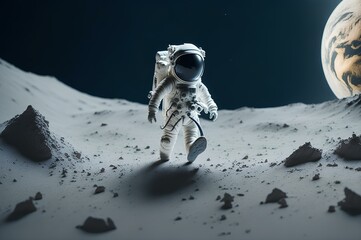 A astronaut moving on the surface of the moon an attractive space in the background