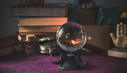 Illustration of witch altar. Concept of destiny and prediction. Magic and energy, wicca and pagan stuff. Alternative healing medicine 