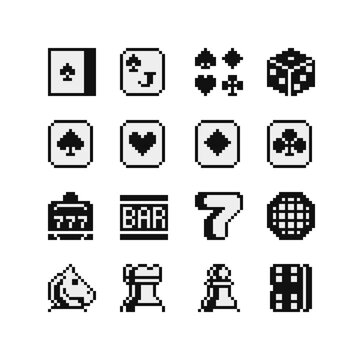 Board game pixel art icons set dice casino gambling isolated vector illustration. Big Win sign. Playing cards poker. Design for logo, sticker, app. Game assets 1-bit sprite. 