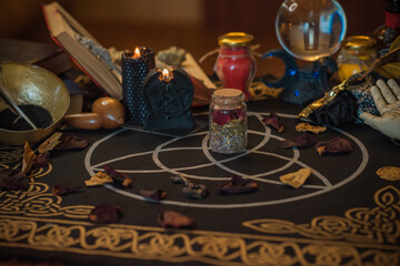 Illustration of witch altar. Concept of destiny and prediction. Magic and energy, wicca and pagan stuff. Alternative healing medicine 