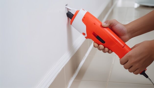 Worker's Hand Using Manual Cartridge Gun, Glue Gun, Silicone Tube Or Manual Caulking Gun To Seal Joint Between Wall And Ground In Bathroom