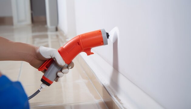 Worker's Hand Using Manual Cartridge Gun, Glue Gun, Silicone Tube Or Manual Caulking Gun To Seal Joint Between Wall And Ground In Bathroom