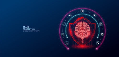 Brain medical healthcare. Human brain anatomy organ translucent low poly triangle inside shield futuristic glowing red on dark blue background. Immunity protection medical innovation concept. Vector.