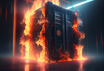 illustration of data center service on fire puffs of smoke information leak. ai