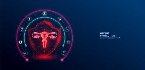 Female uterus medical healthcare. Uterus anatomy organ translucent low poly triangle inside shield futuristic glowing red on blue background. Immunity protection medical innovation concept. Vector.