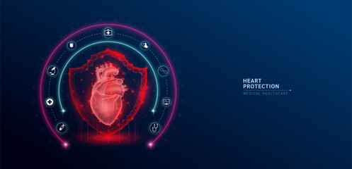 Heart medical healthcare. Human heart anatomy organ translucent low poly triangle inside shield futuristic glowing red on dark blue background. Immunity protection medical innovation concept. Vector.