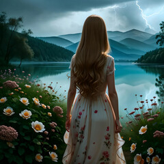 A blond, slender, beautiful girl admiring the lightning across the lake. Thunderstorm. A walk in nature. Back view
