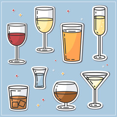 Alcoholic drinks stickers flat vector style.White and red wine, beer, champagne,whiskey, cognac, martini, tequila