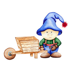 watercolor gnome. Hand drawn watercolor drawing of a gnome boy in a blue suit and hat with a garden cart. For your design on a white background